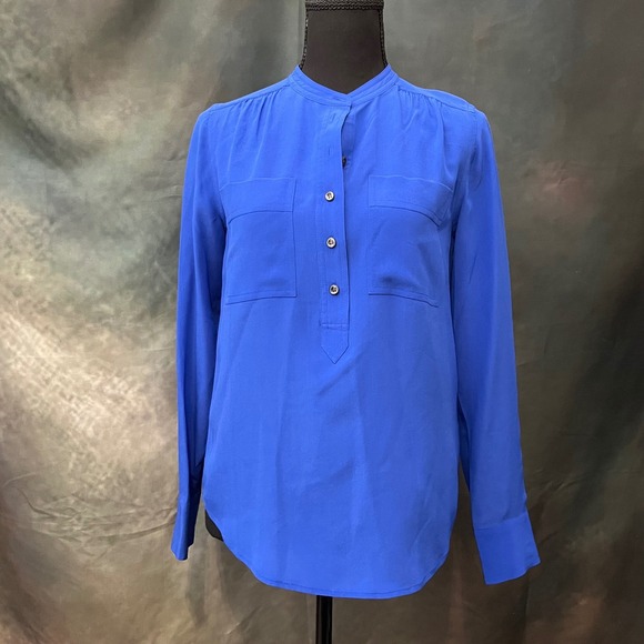 J Crew Electric Blue 100% Silk Band Collar‎ Button Front Shirt Women Size 0